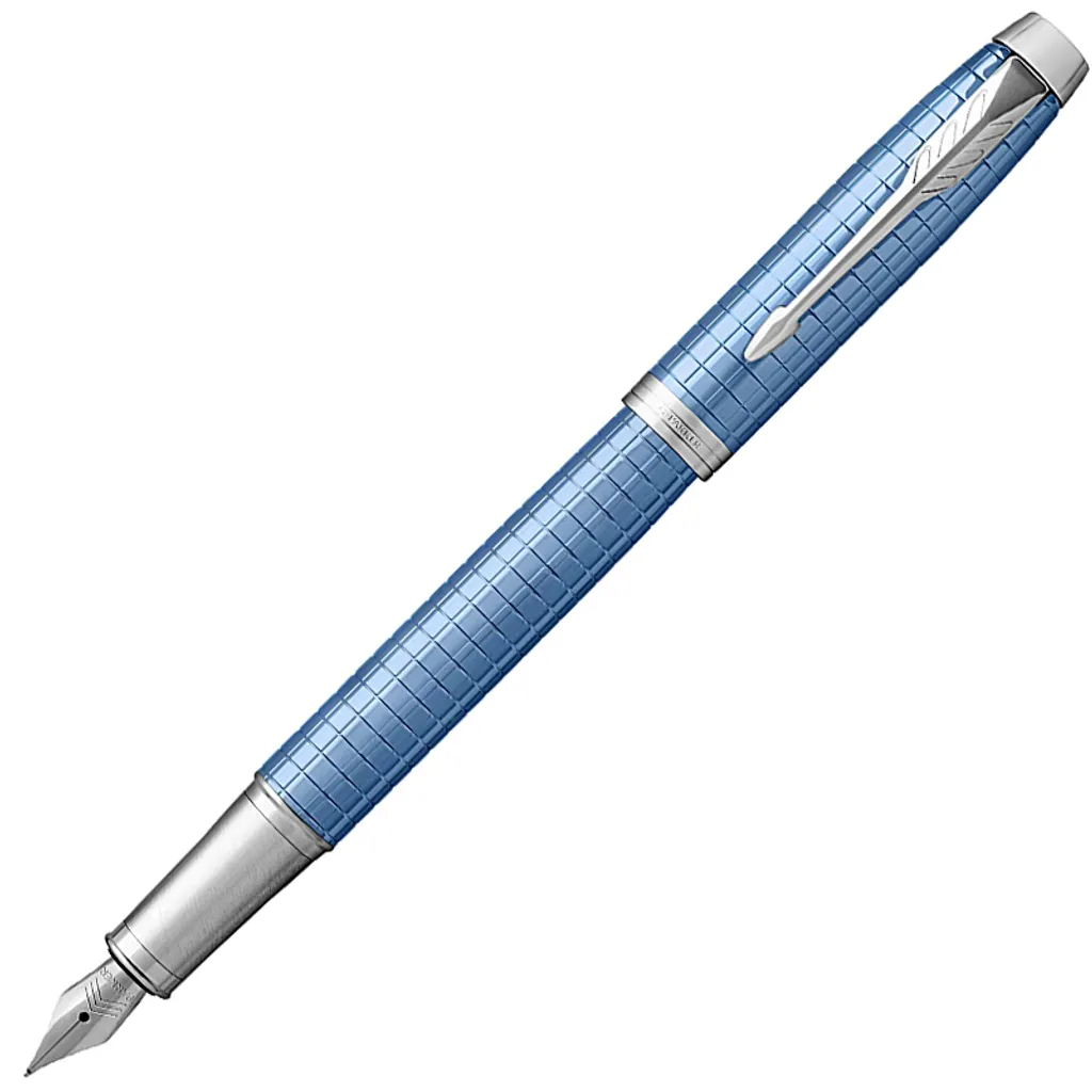【PARKER 派克】IM高尚經典豪華系列 鈦藍格紋白夾 F尖 鋼筆 1975633✿50B005